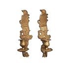 Antique Late 1800s Pair Of Ornate Cast Iron Gold Tone Wall Mount Candle Sconces