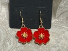 Vintage Red Floral Enamel Gold Dangle Fashion Bohemian Casual Fun Earrings