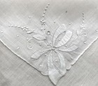 Vintage Hanky White Linen Applique Madeira Hand Work Hand Rolled White On White