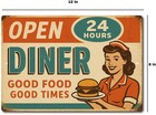 Diner Tin Sign Retro 12x8 Aluminum Open 24 Hours Wall Decor Vintage