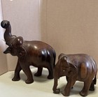 2 Vintage Elephant Set Hand Carved Solid Wood Tusks Inlaid Eyes 7 25    4 25    1970