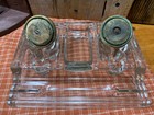 Antique Glass Desk Caddy  Inkwell  Double Ink Well Brass Covers-pen Holder