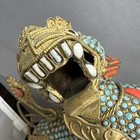 Antique Tibetan Brass Kylin Foo Dog With Turquoise And Coral Inlays
