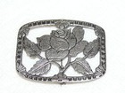 Antique Silver Pin Brooch Rose Flowers Art Nouveau Deco Cut Out White Pot Metal