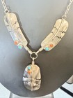 Vintage Sterling Silver Turquoise Coral Feather Necklace Pendant Estate Jewelry