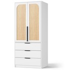 2 Door Wardrobe Armoire 3 Drawers Rattan Tall Closet For Bedroom White