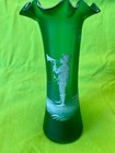 Lovely Antique Mary Gregory Emerald Green Hand Blown Glass Vase W ruffled Edge