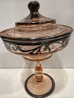 Vtg Flamingo Pink Glass 8 5    Footed  Compote W  Lid Etched Black Scroll Overlay