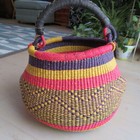 Handmade Ghana Bolga Market Basket With Leather Handle Large Round New