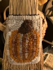 Primitive folk Art handmade wool Rug Hooking fall Pumpkin On Antique Whisk Broom