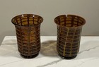 Pair Of Oversized Hand Blown Amber Glass Vases Grid Encased Pattern