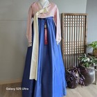 Korean Women s Hanbok Pink Jeogori Royal Blue Chima Embroidered Cuffs Norigae