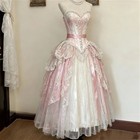 Retro Medieval Victorian Evening Dress Pink Corset Lace Ruffled Ball Gown-