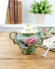 Antique Japanese Moriage Style Nippon Green Lid Sugar Bowl  Floral Porcelain