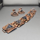 Vintage Copper 3d Pyramid Confetti Lucite Bracelet Earrings Set Brutalist Read