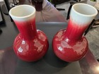 Chinese Art Pair Red white Gradient Glossy Ceramic Vases Signed Mark