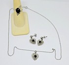 Vintage Sterling Silver Heart Filigree Necklace Earrings Ring Set Black Gemstone