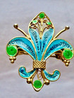 Antique Victorian 800 Silver Guilloche Enamel Fleur De Lis Blue Green Enamel Pin