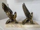 Vintage Art Deco Style Brass Eagle Bookends On Marble Base 7   