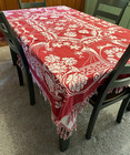 Rare Antique Art Nouveau Jacquard Tablecloth Red   Ivory Damask Fringed As-is