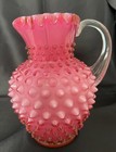 Vintage Fenton Wild Rose Hobnail Overlay 12 Oz Jug Syrup Pitcher Ruffled Top