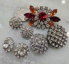 Vintage Rhinestone Buttons  Floral  Silver Tone Red orange Lot  7 Buttons   162