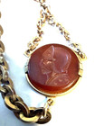 Vtg Signed Swank Victorian Watch Chain Gold Tone Carnelian Intaglio Seal Fob 16 