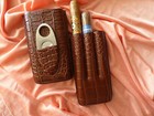 Leather Holder 3 Tube Travel Cigar Case With Cutter-brown