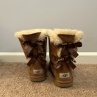 Ugg Women   s Brown Suede Shearling Lined Mid-calf Bow Pull-on Boots Sz 6