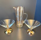 Vintage Cocktail Pitcher   2 Martini Glasses Gold Footed Barware Set Mcm Style