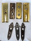 Lot Of 7 Antique Vintage Brass Metal Door Knob Plates All W  Key Holes      58 