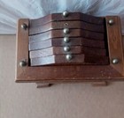 Vintage 6 Wooden Cork Coasters Mid Century  Set Storage Box Holder