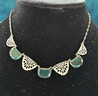 Vintage Art Deco Necklace Green Czech Glass Silver Tone  Retro Estate 14 