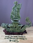 Large 15    Chinese Hand Carved Natural Jade Dragon Incense Statue Dragon Boat