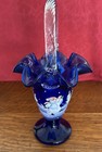 Fenton Cobalt Basket Hand Painted In Jolly Snowman Design  Signed numbered