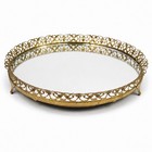 Vtg Hollywood Regency Gold Mirrored Vanity Tray Round Ormolu Style Filigree 9 