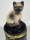 Vintage Ceramic Porcelain Siamese Cat Blue Eyes Hinged Trinket Box