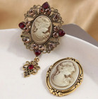 2pc Vintage Style Cameo Brooch s Pins Oval Golden Filigree Rhinestone Victorian