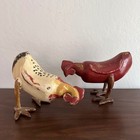 Vintage Wooden Pecking Hens Pair  2  Red Farmhouse Folk Art Large