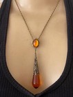 Vintage Necklace Art Nouveau Lavalier Pendant Amber Topaz Antique Czech Glass