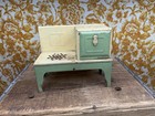 Vtg Toy Stove Green Tan Enamel Chrome Legs Child s Electric 1930 s Metal Working