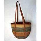 Vtg African Woven Basket Bag 14   leather Straps Ethiopian East Africa Folk Art