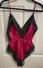 Vtg 1980   s Teddy Hot Pink Satin Black Lace High Leg Romper Bodysuit Sissy L Nwt