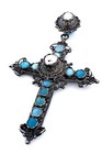 Ornate Antique 800 German Silver Filigree Cross Pendant W  Blue Stones   Pearls