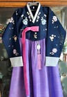 New Korean Hanbok Set Navy Jeogori Embroidery   Lavender Silk Chima  Mordern Fit