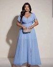 Light Blue Chiffon A-line Maxi Dress Fitted Short Sleeve Beaded Waist Slit Xl