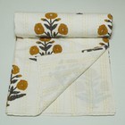 Mustard Floral Kantha Quilt Cotton Handmade Modern Bedspread Queen