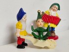Set 3 Mcm Vintage Hard Plastic Elf Pixie Gnome Wheelbarrow Squeeze Box Figurines
