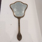Antique Victorian Gilt Filigree Hand Held Vanity Beveled Mirror Courting Scene