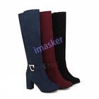 Womens Knee High Boots Round Toe Block Mid Heel Buckle Zipper Boots Fashion Work